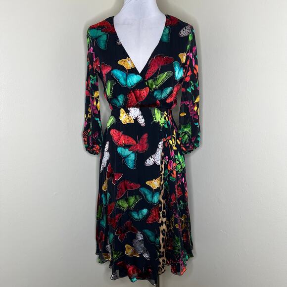 Alice + Olivia Jesse Wrap Dress 4/6 Silk Blend Whimsical Butterfly Leopard Midi - Picture 2 of 12